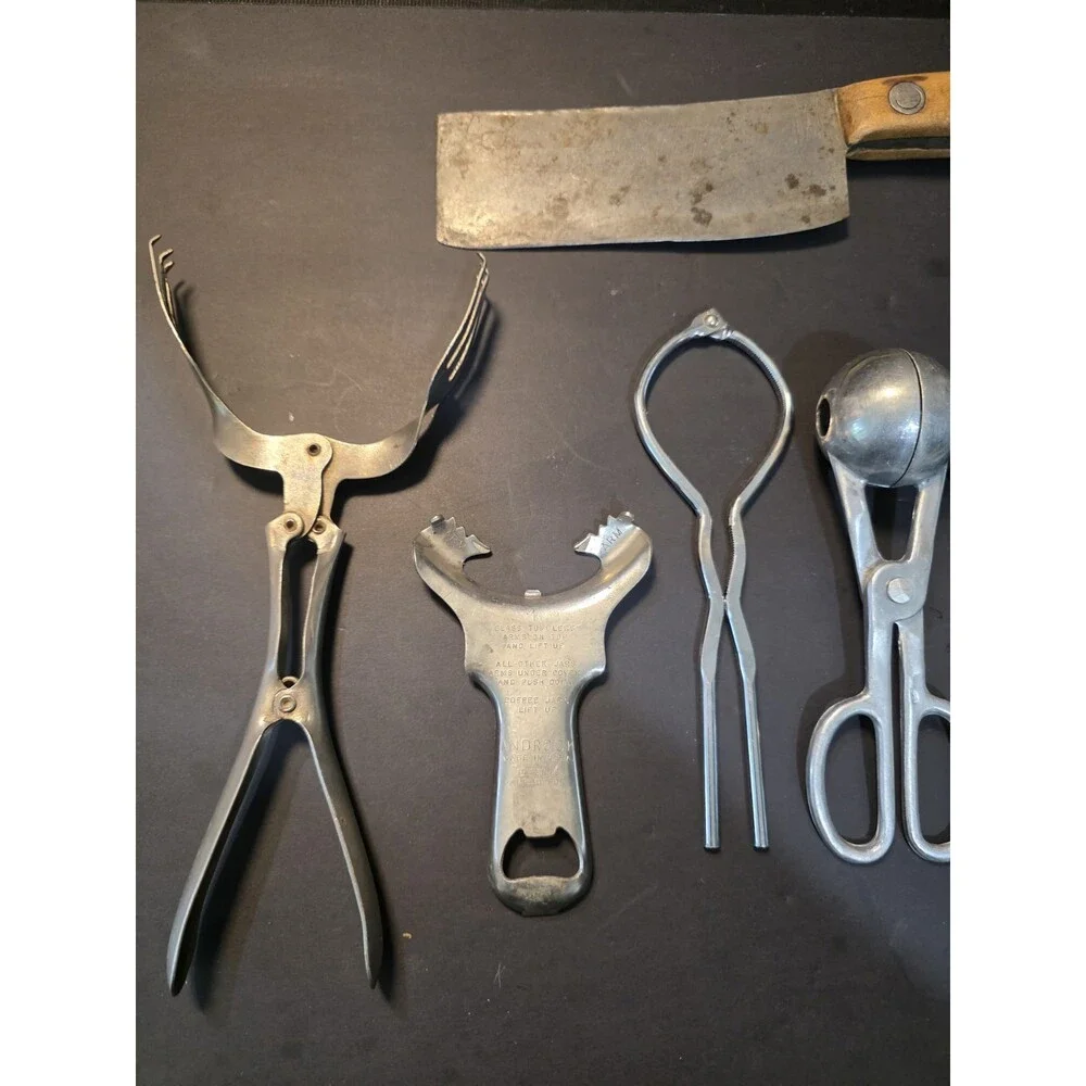 Vintage Kitchen Tools Lot 8 Pc Meat Cleaver Foley Chopper Androck Jar Opener